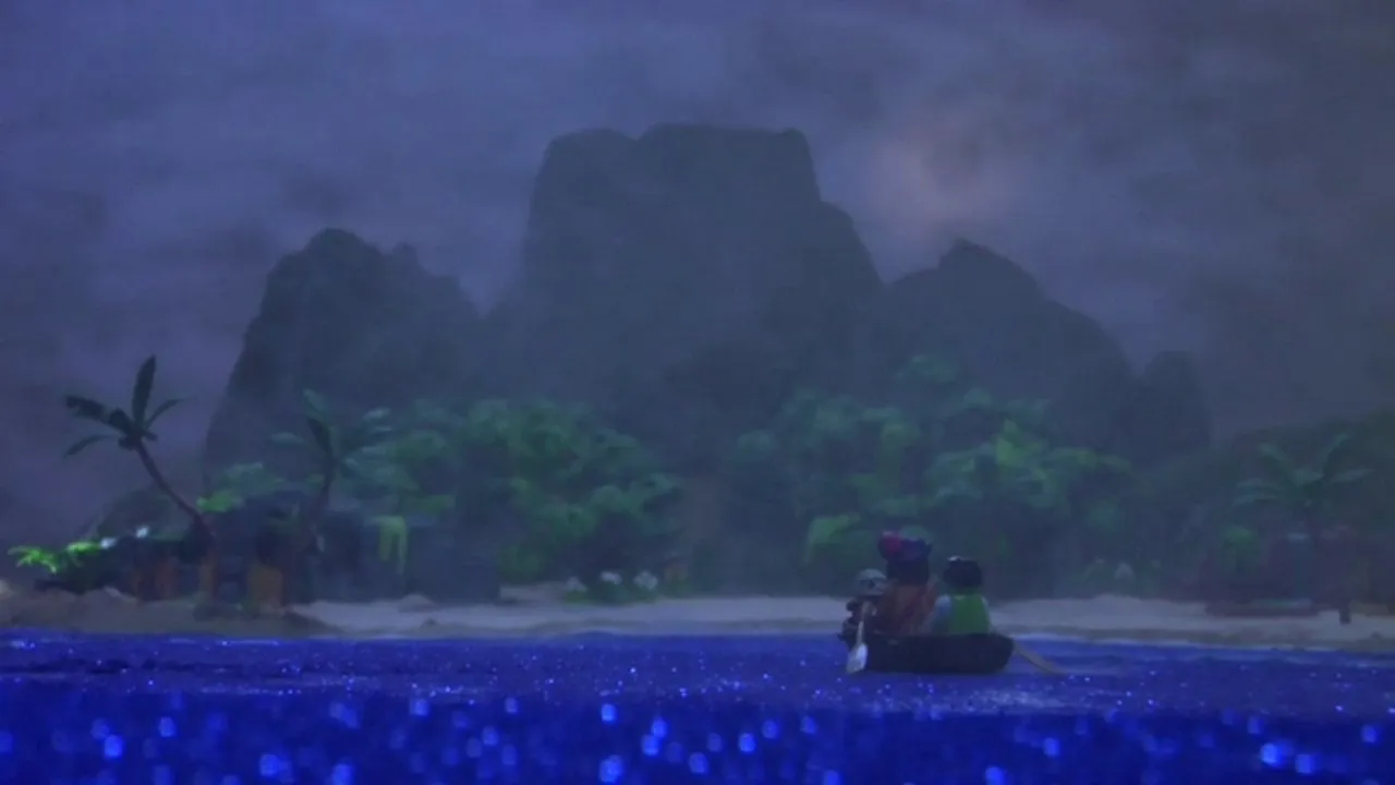 A frame from Castaway: PLAYMOBIL figures staged as a shipwreck scene.