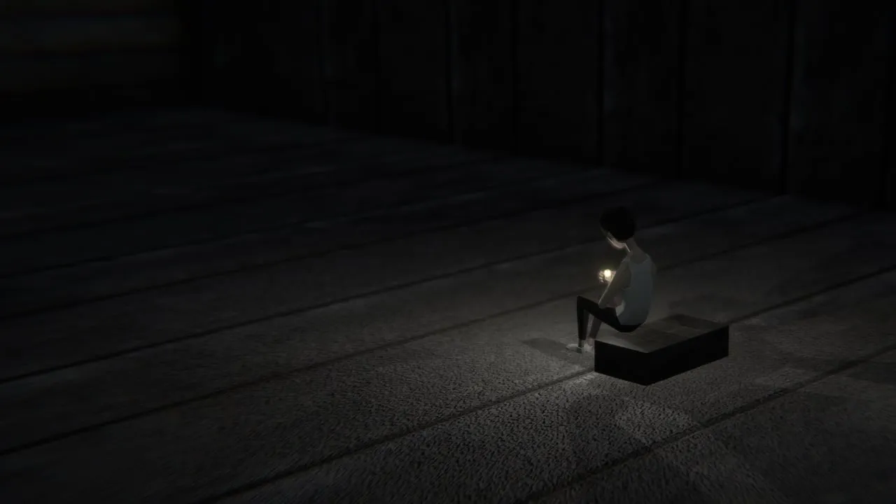 A frame from Oh Desire: a figure before a glowing presence in cloud.