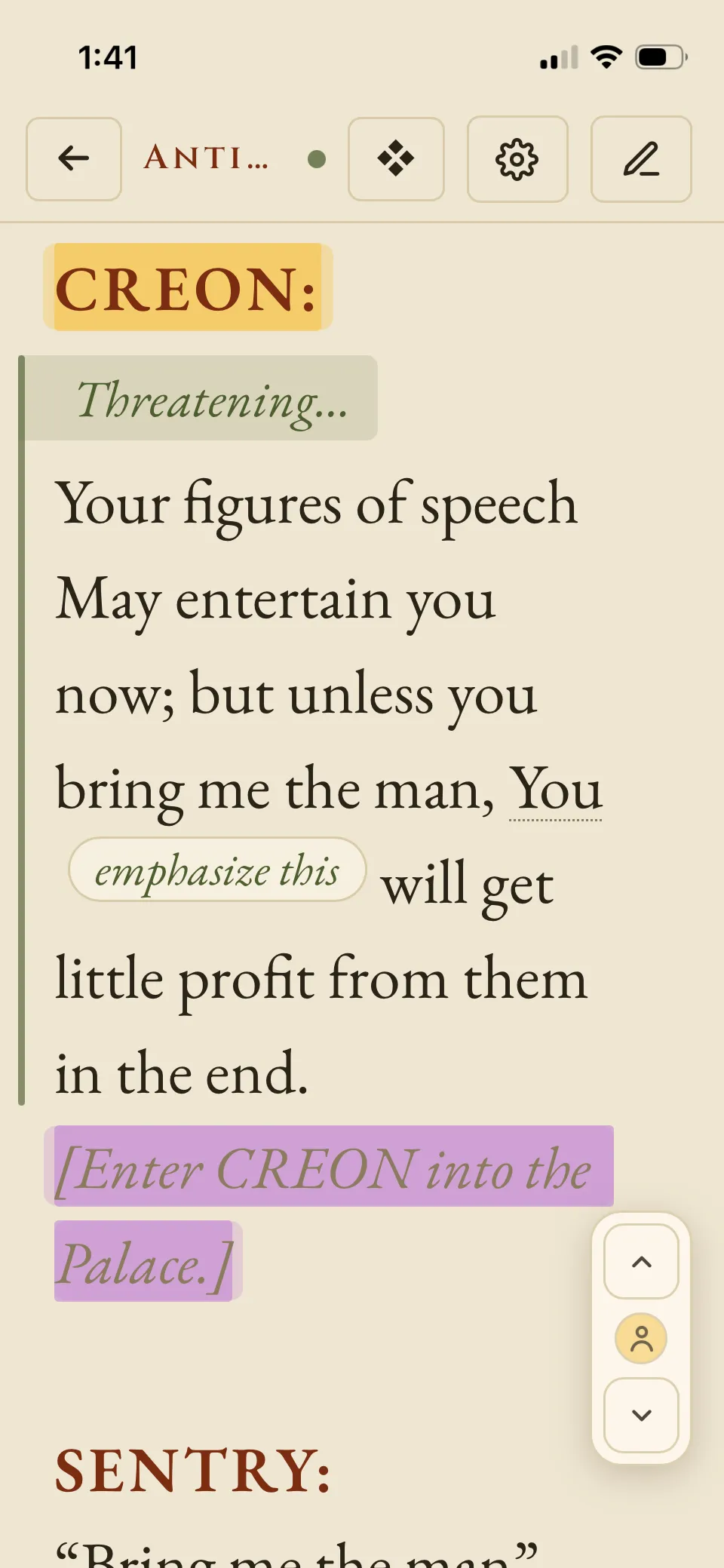 Stagework on a phone: a page of Antigone with a cue highlighted in gold, a passage in blue, and a staging note beneath a line.